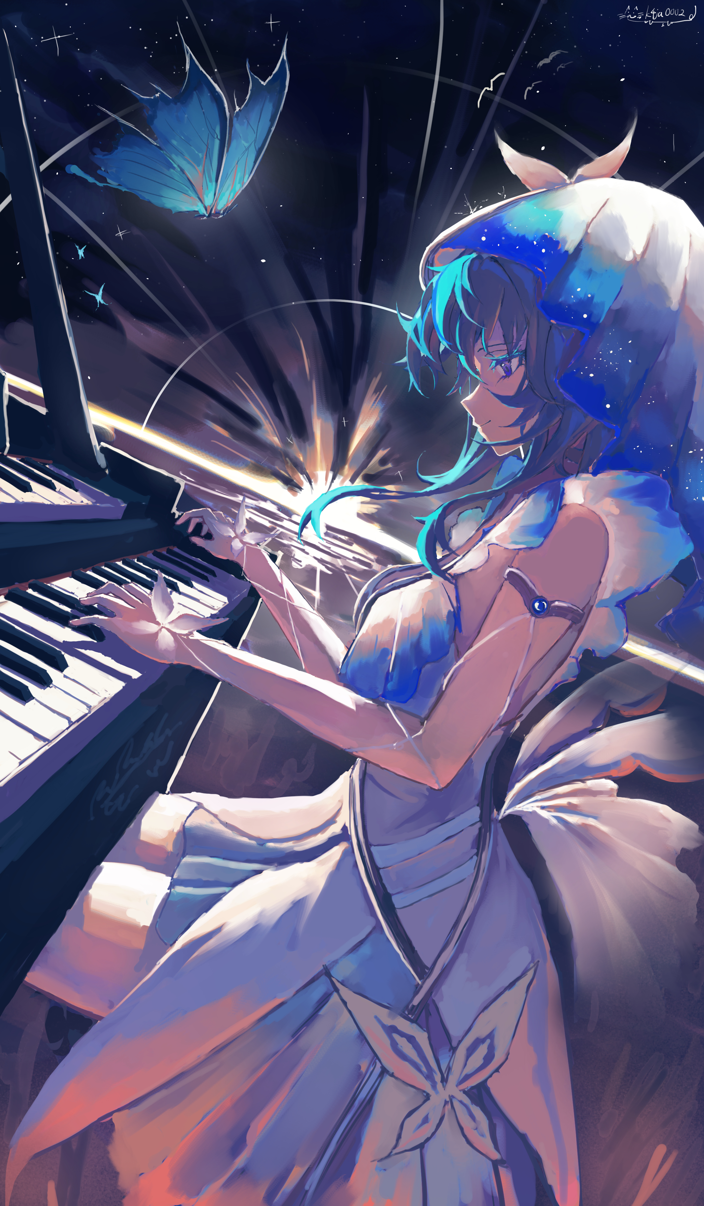 shorekeeper (wuthering waves), wuthering waves, absurdres, commentary, english commentary, highres, 1girl, armlet, blue hair, blue veil, breasts, colored eyelashes, dress, dutch angle, instrument, jewelry, k4ja0002, long hair, medium breasts, music, playing instrument, playing piano, purple eyes, sitting, sleeveless, sleeveless dress, solo, veil, white dress
