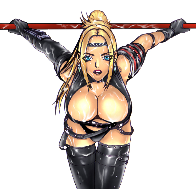 rachel (ninja gaiden), ninja gaiden, 1girl, blonde hair, blue eyes, boots, breasts, cleavage, cleavage cutout, clothing cutout, elbow gloves, garter belt, gloves, jewelry, large breasts, leather armor, strap, studded leather, thigh boots, thighhighs