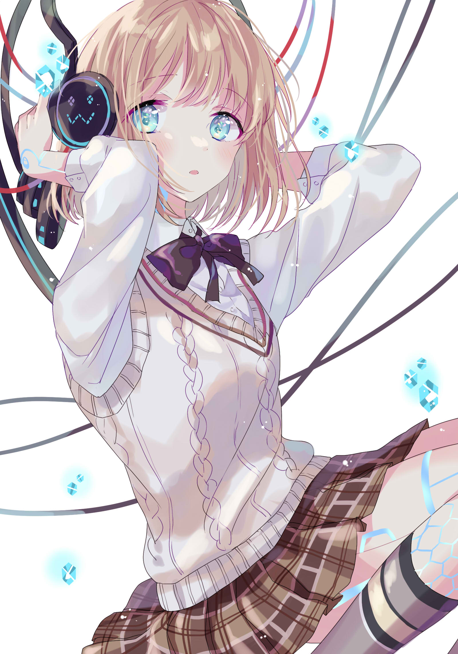hanai yuyu, nikki (series), shining nikki, highres, 1girl, ai (shining nikki), android, black bow, black bowtie, blonde hair, blue eyes, bow, bowtie, brown skirt, buttons, cable, collared shirt, crystal, dress shirt, dutch angle, feet out of frame, grey socks, hands on headphones, headphones, kneehighs, kneeling, light blush, light particles, long sleeves, miniskirt, open mouth, plaid clothes, plaid skirt, pleated skirt, school uniform, shirt, short hair, shy confession (shining nikki), skirt, socks, solo, sparkle, sweater vest, vest, white background, white shirt, white vest