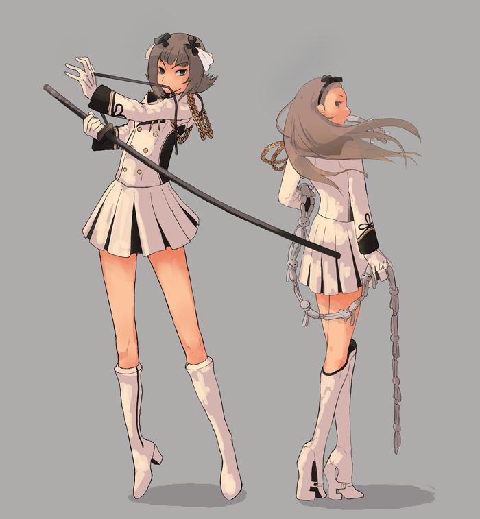 juun, amami haruka, minase iori, idolmaster, idolmaster (classic), bad id, bad pixiv id, 00s, band uniform, boots, katana, mouth hold, sword, weapon