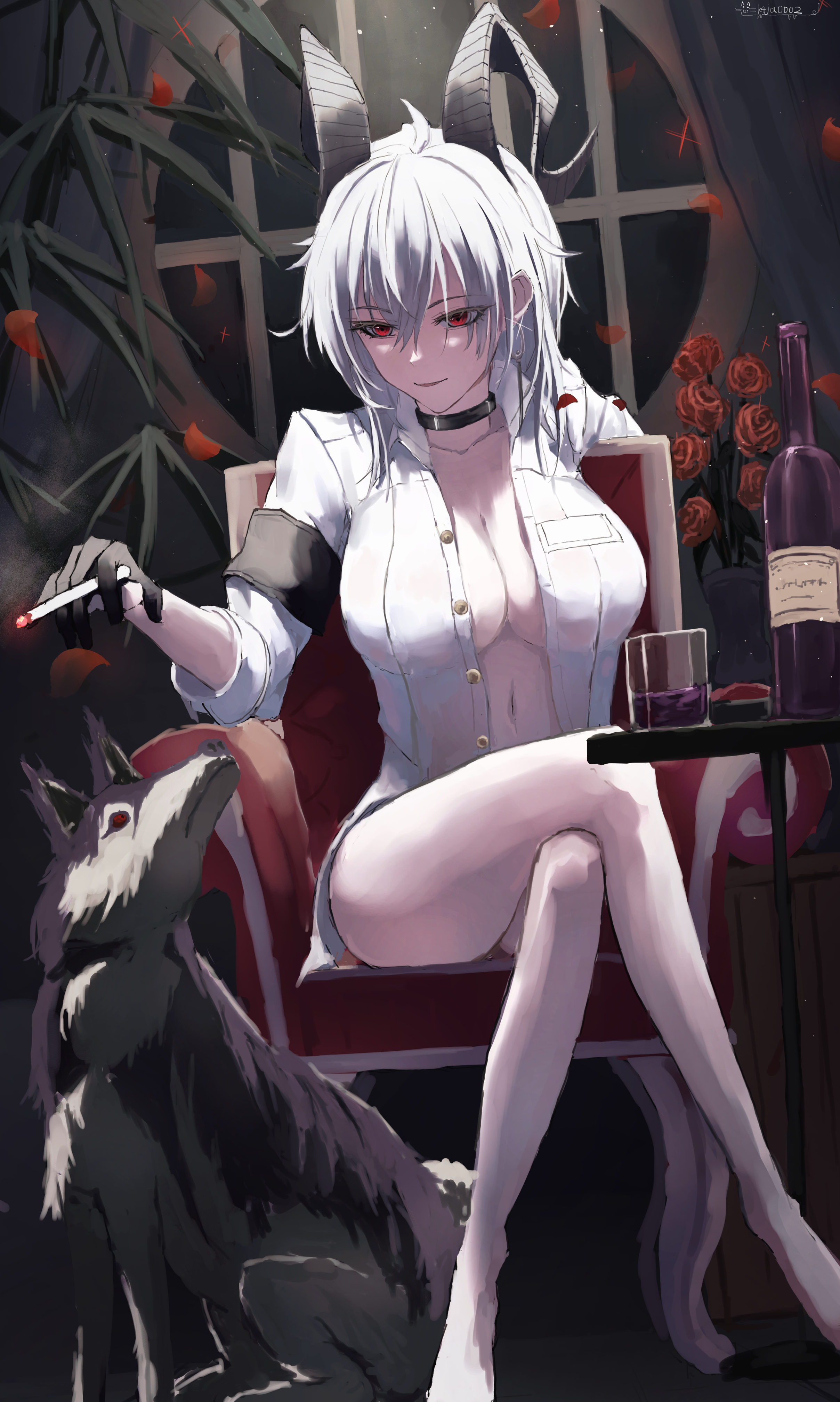 zani (wuthering waves), wuthering waves, absurdres, commentary request, highres, 1girl, ahoge, armband, bad anatomy, bad leg, black armband, black choker, black gloves, black horns, bottle, breasts, choker, cigarette, closed mouth, collarbone, crossed legs, cup, curled horns, dog, drinking glass, gloves, hair between eyes, holding, holding cigarette, horns, indoors, k4ja0002, large breasts, long hair, looking at animal, naked shirt, navel, open clothes, open shirt, red eyes, shirt, sitting, smile, solo, stomach, white hair, white shirt