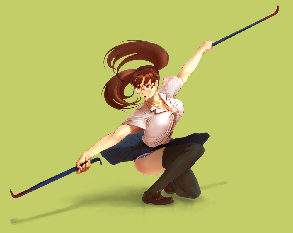 kurohachi, bad id, bad pixiv id, 1girl, action, breasts, brown hair, cleavage, crowbar, female focus, glasses, holding, holding crowbar, kneeling, large breasts, on one knee, panties, pantyshot, skirt, solo, striped clothes, striped panties, thighhighs, twintails, underwear, weapon