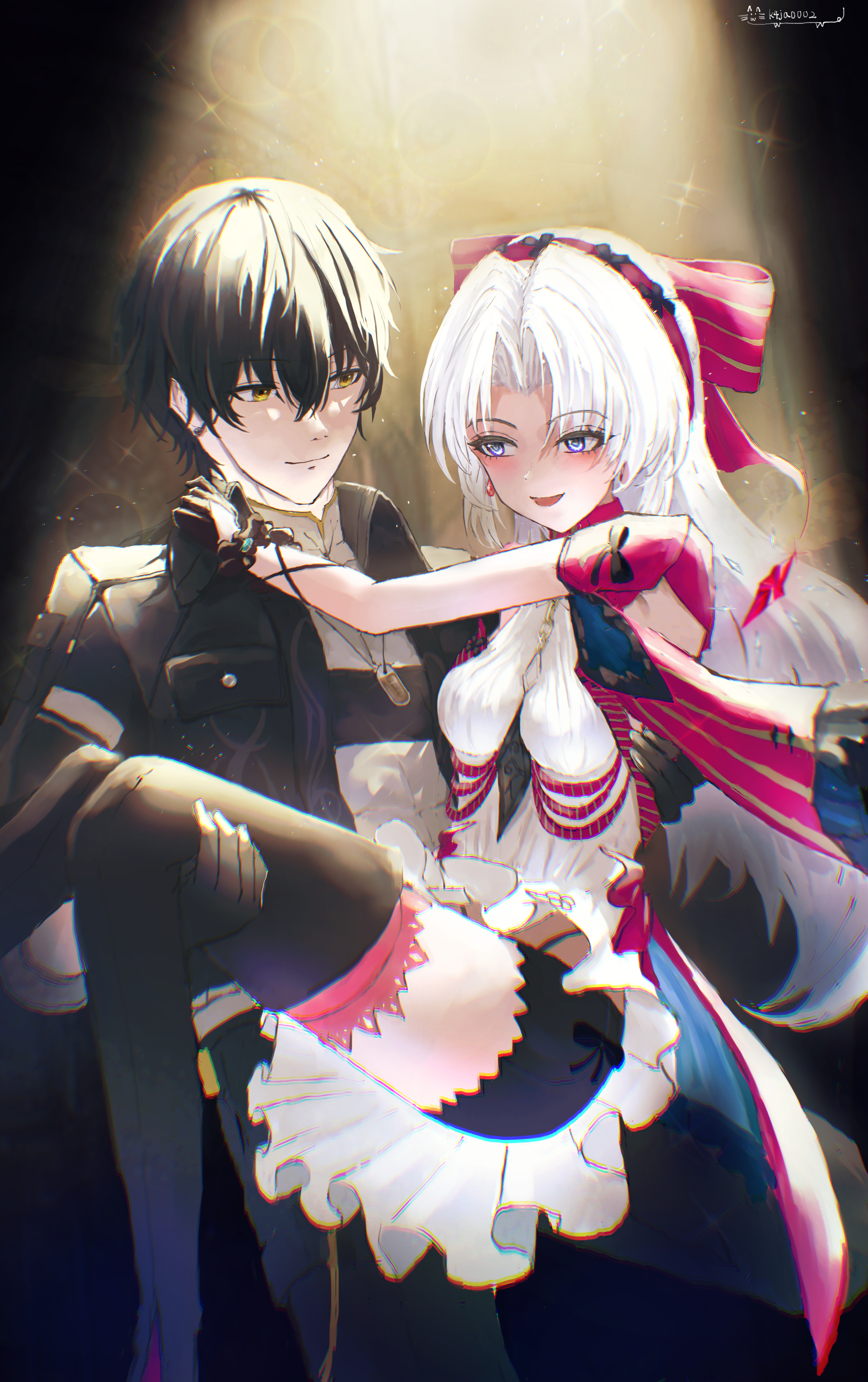 carlotta (wuthering waves), male rover (wuthering waves), rover (wuthering waves), wuthering waves, absurdres, commentary, english commentary, highres, 1boy, 1girl, black boots, black gloves, black hair, black jacket, black shorts, blue eyes, blush, boots, bow, breasts, carrying, dress, earrings, gloves, hair between eyes, hair bow, hairband, jacket, jewelry, k4ja0002, long hair, looking at another, medium breasts, open mouth, pink bow, pink hairband, pink jacket, princess carry, short shorts, shorts, smile, striped bow, thigh boots, thighs, white dress, white hair, yellow eyes