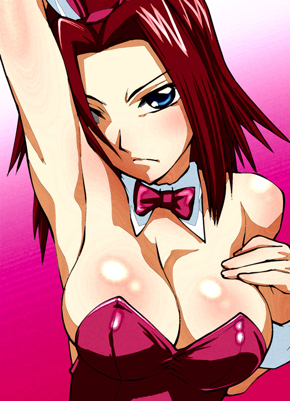 ueyama michirou, kouzuki kallen, code geass, 00s, 1girl, armpits, blue eyes, breasts, cleavage, female focus, large breasts, leotard, playboy bunny, red hair, solo