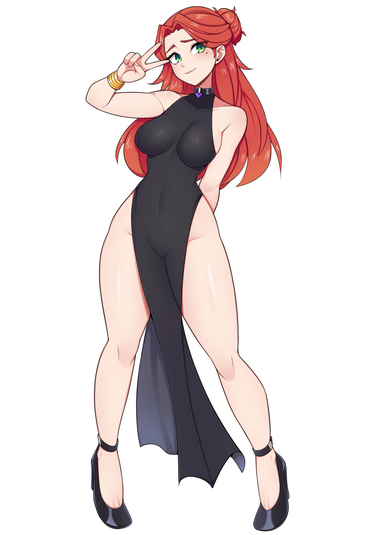 oninuer, original, commentary, commission, english commentary, highres, 1girl, arm behind back, bare arms, bare legs, bare shoulders, black choker, black dress, black shoes, blush, bracelet, breasts, choker, closed mouth, dress, forehead, full body, gold bracelet, green eyes, hand up, high heels, jewelry, legs, long hair, looking at viewer, medium breasts, mole, mole under eye, pelvic curtain, red hair, shoes, side slit, sideboob, simple background, sleeveless, sleeveless dress, smile, solo, standing, thighs, v, white background