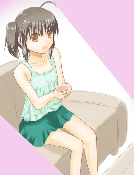 dune (artist), yuzuhara konomi, to heart (series), to heart 2, 00s, 1girl, ahoge, brown eyes, brown hair, camisole, couch, cup, female focus, flat chest, holding, open mouth, short hair, short twintails, sitting, skirt, solo, thigh gap, thighs, twintails