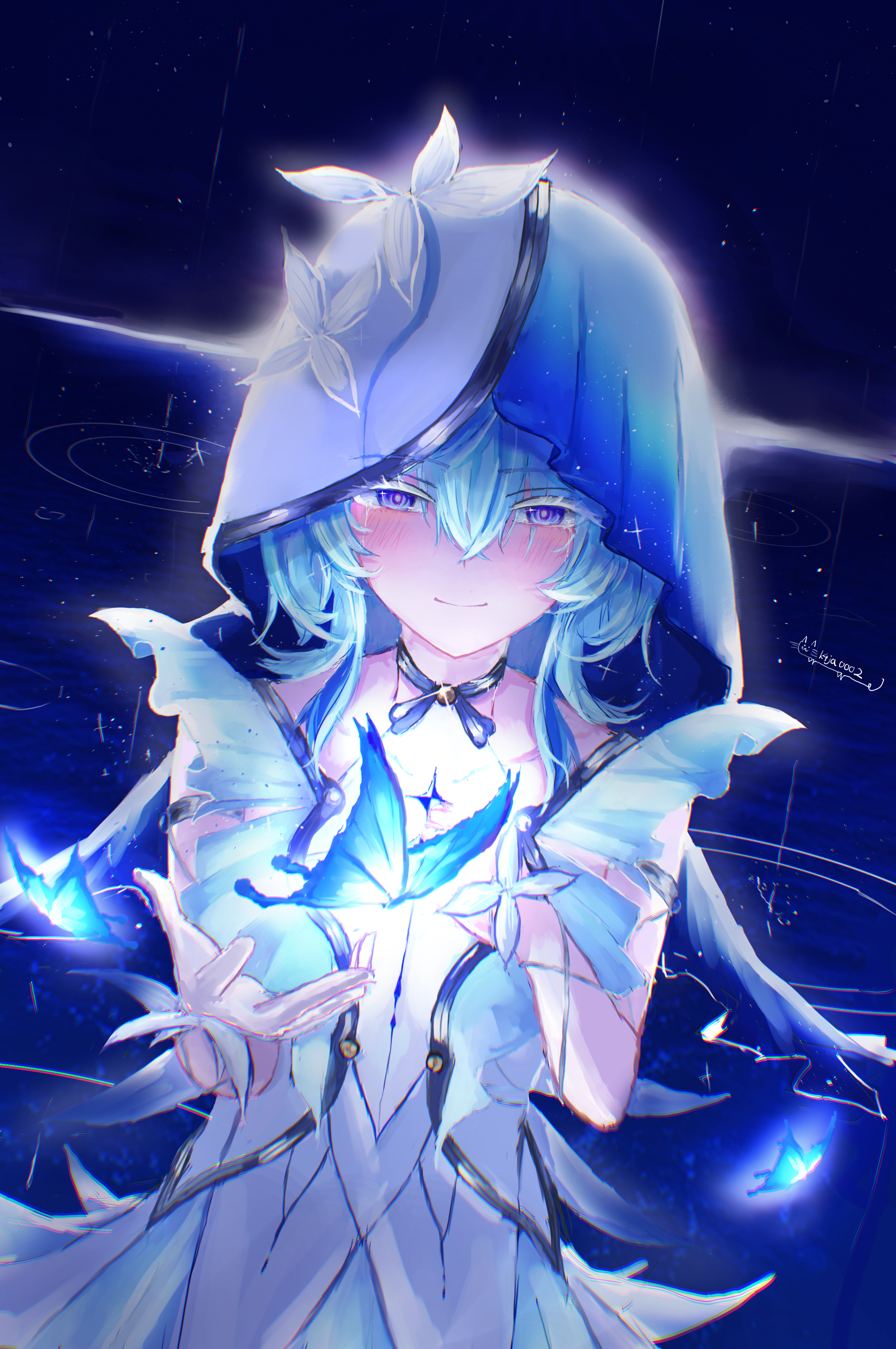 shorekeeper (wuthering waves), wuthering waves, absurdres, commentary, english commentary, highres, 1girl, blue butterfly, blue hair, blue veil, blush, breasts, bug, butterfly, closed mouth, dress, hair between eyes, insect, k4ja0002, long hair, looking at viewer, medium breasts, purple eyes, sleeveless, sleeveless dress, smile, solo, two-tone veil, upper body, veil, white dress, white veil