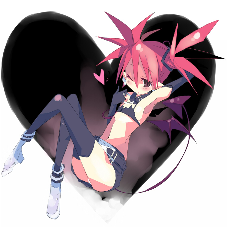 kanikama, etna (disgaea), disgaea, makai senki disgaea, nippon ichi, 00s, 1girl, armpits, demon girl, female focus, flat chest, heart, midriff, panties, pantyshot, red hair, sitting, solo, tail, thighhighs, twintails, underwear, white panties, wings