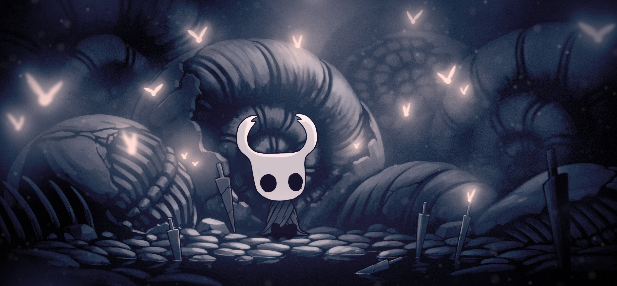 knight (hollow knight), hollow knight, highres, official art, promotional art, 1other, ari gibson, bug, cloak, cobblestone, damaged, grey cloak, hollow eyes, horned mask, mask, nail (hollow knight), old nail (hollow knight), on ground, planted, planted sword, planted weapon, puddle, shell, sitting, solid oval eyes, solo, sword, weapon, white mask, wide shot