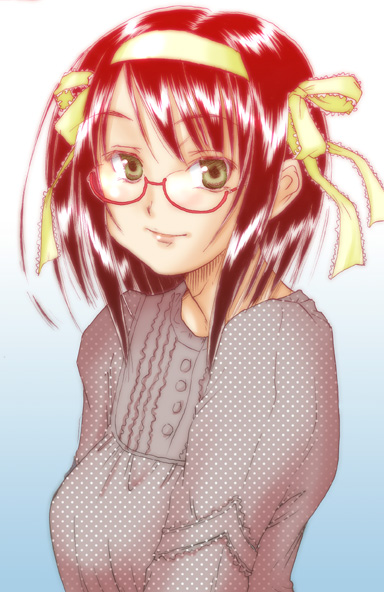 p.i.l., suzumiya haruhi, suzumiya haruhi no yuuutsu, 00s, 1girl, bespectacled, blush, brown hair, closed mouth, female focus, glasses, hair ribbon, hairband, long sleeves, looking at viewer, red-framed eyewear, red hair, ribbon, semi-rimless eyewear, short hair, smile, solo, sweater, under-rim eyewear, unmoving pattern, upper body, yellow ribbon