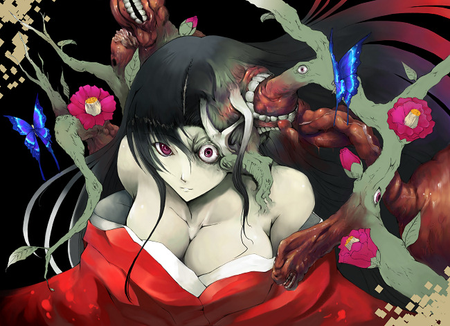sts, 1girl, bare shoulders, black hair, breasts, bug, butterfly, cleavage, eyeball, female focus, flower, freak girl, insect, japanese clothes, kimono, large breasts, red eyes, solo, surreal, teeth, what
