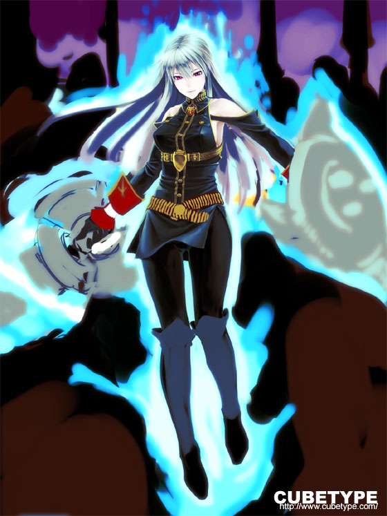 yuuki keisuke, selvaria bles, senjou no valkyria, senjou no valkyria (series), senjou no valkyria 1, silver hair, 00s, 1girl, aura, bare shoulders, black pantyhose, covered erect nipples, detached sleeves, female focus, long hair, military, military uniform, pantyhose, red eyes, skirt, solo