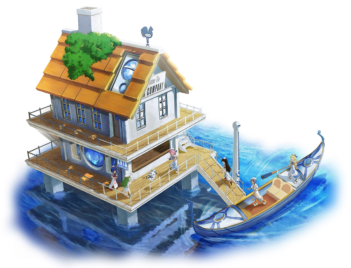 kakisuke, aika granzchesta, akira ferrari, alice carroll, alicia florence, aria pokoteng, athena glory, mizunashi akari, president maa, aria (manga), 00s, 6+girls, blouse, blue theme, building, dock, gondola, multiple girls, oar, shirt, stairs, water, white shirt