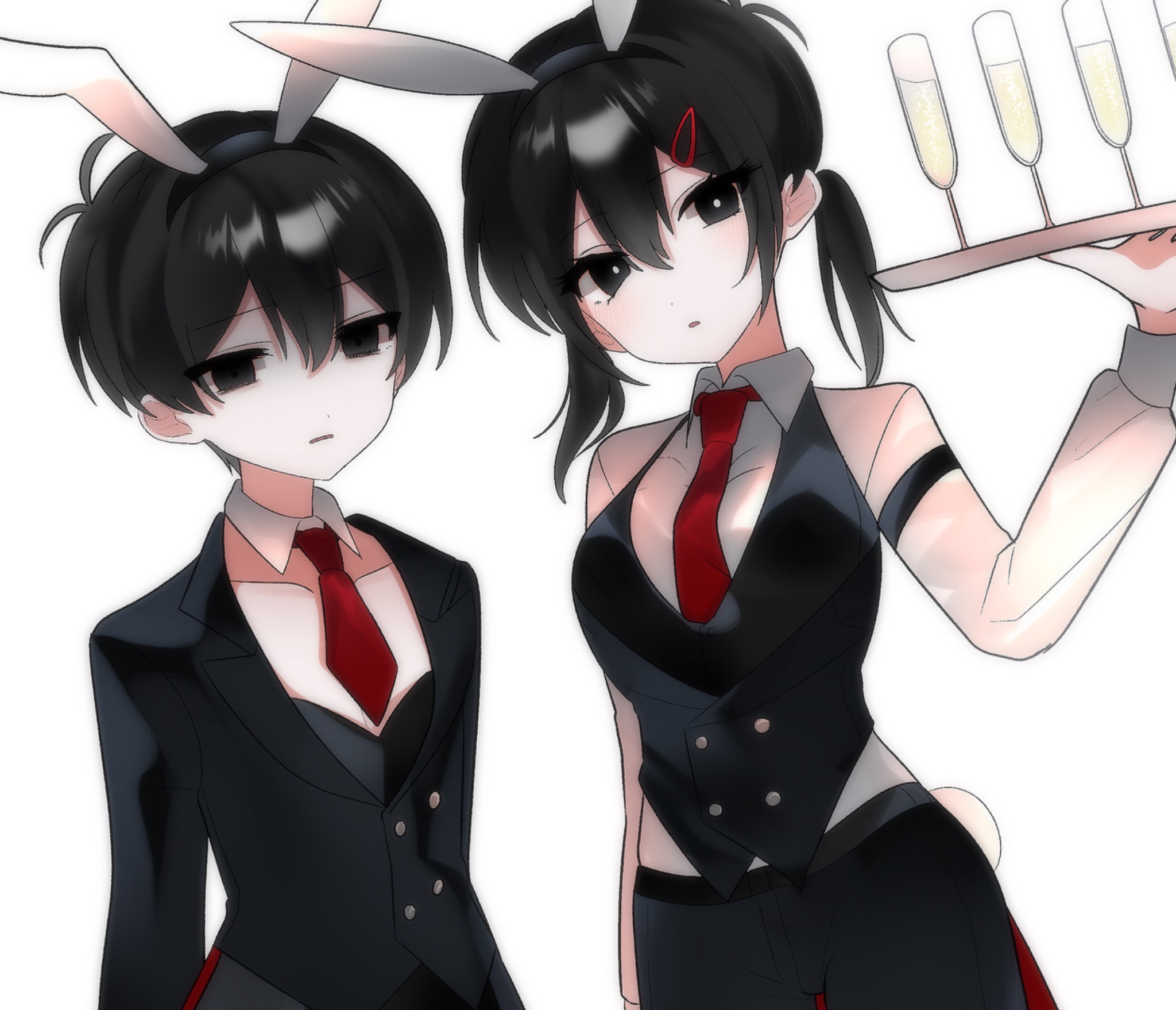 mizu n1, sunny (omori), omori, bad id, bad twitter id, highres, inactive account, 1boy, 1girl, :o, alcohol, alternate costume, animal ears, antenna hair, arm at side, black eyes, black hair, black jacket, black leotard, black pants, black vest, blush, breasts, bright pupils, buttons, champagne, champagne flute, collarbone, collared shirt, cowboy shot, crossdressing, crossdressing (ftm), crossdressing (mtf), cup, detached collar, double-parted bangs, drinking glass, dual persona, empty eyes, fake animal ears, fake tail, genderswap, genderswap (mtf), hair between eyes, hair ornament, hairclip, hand up, holding, holding tray, jacket, lapels, leotard, looking at viewer, low twintails, medium breasts, medium hair, necktie, no pupils, notched lapels, pants, parted lips, playboy bunny, rabbit ears, rabbit tail, red necktie, shaded face, shirt, short hair, simple background, tail, tray, twintails, upper body, very short hair, vest, white background, white pupils, white shirt, white tail