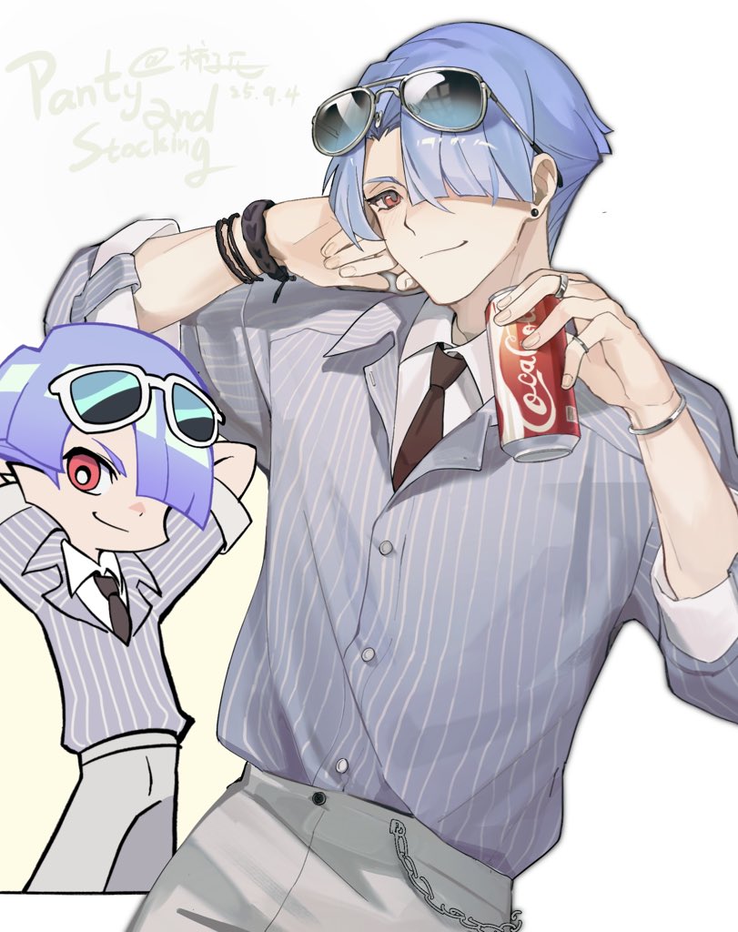 ashinames, polyester (psg), panty & stocking with garterbelt, commentary request, 1boy, black necktie, blue hair, bracelet, buttons, can, closed mouth, copyright name, dated, earrings, eyewear on head, hair over one eye, holding, holding can, jewelry, male focus, necktie, red eyes, shirt, shirt tucked in, short hair, smile, solo, striped clothes, striped shirt, vertical-striped clothes, vertical-striped shirt