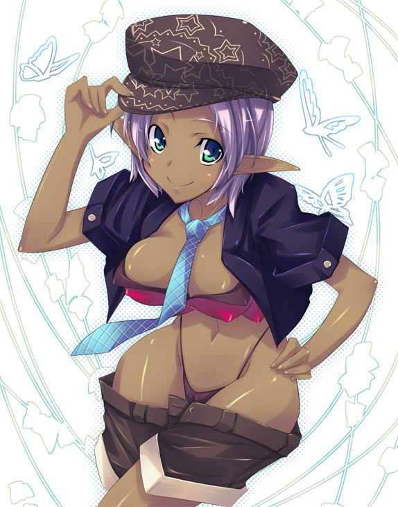 shimakaze (soundz of bell), original, 1girl, dark-skinned female, dark skin, elf, female focus, green eyes, hat, highleg, necktie, panties, pointy ears, purple hair, smile, solo, underwear, undressing
