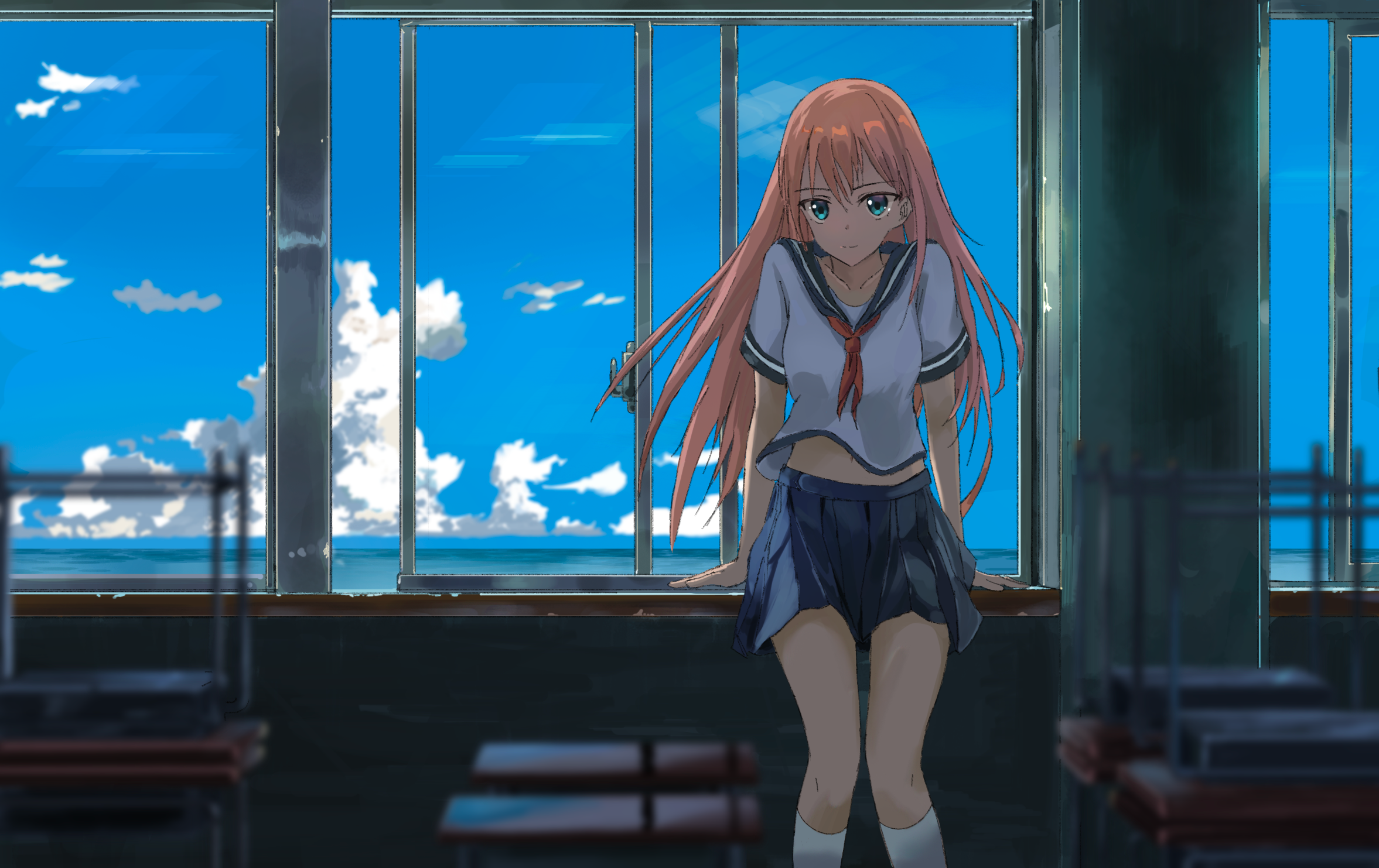 qdsn, original, commentary request, highres, 1girl, aqua eyes, blue skirt, blue sky, blurry, blurry foreground, classroom, cloud, feet out of frame, floating clothes, floating hair, grey shirt, hair between eyes, kneehighs, leaning back, leaning on object, long bangs, long hair, looking at viewer, midriff peek, miniskirt, navel, open window, orange hair, pleated skirt, sailor collar, school uniform, serafuku, shirt, short sleeves, skirt, sky, socks, solo, straight hair, summer, summer uniform, white socks, wind, window