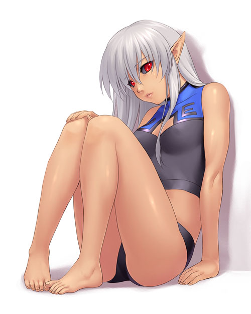 kengou, original, 1girl, dark-skinned female, dark skin, female focus, full body, pointy ears, red eyes, sitting, solo, sports bikini, swimsuit, white hair