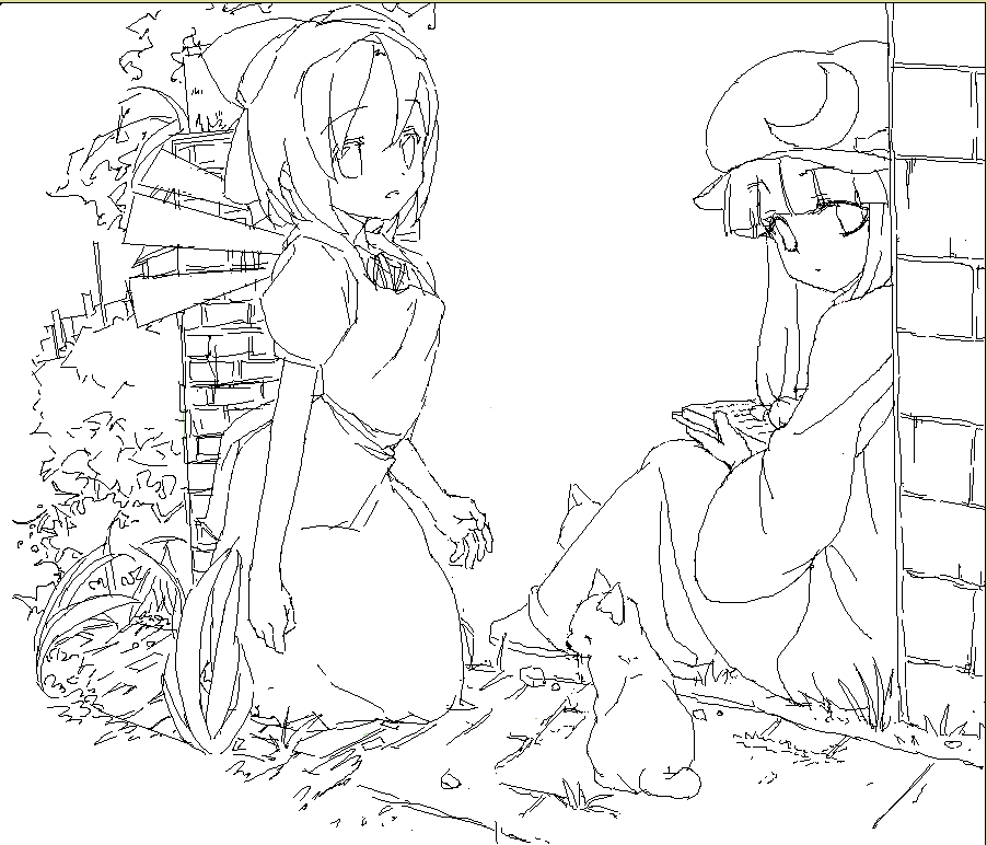 ui (uilog), cirno, patchouli knowledge, embodiment of scarlet devil, touhou, 2girls, female focus, greyscale, monochrome, multiple girls, sketch