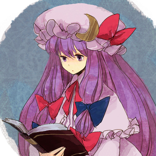 l hakase, patchouli knowledge, touhou, bad id, bad pixiv id, lowres, 1girl, blue ribbon, book, bow, capelet, crescent, female focus, hair bow, hat, long hair, mob cap, open book, purple eyes, purple hair, reading, red ribbon, ribbon, solo, two side up