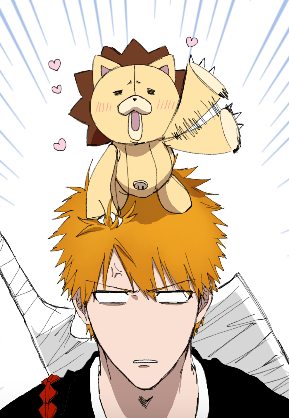nil note0, kon (bleach), kurosaki ichigo, bleach, commentary request, highres, 1boy, = =, afterimage, anger vein, blank eyes, blush, emphasis lines, facing viewer, furrowed brow, heart, looking at viewer, male focus, on head, open mouth, orange hair, parted lips, portrait, short hair, simple background, smile, solo, spiked hair, stuffed animal, stuffed lion, stuffed toy, v-shaped eyebrows, waving, white background