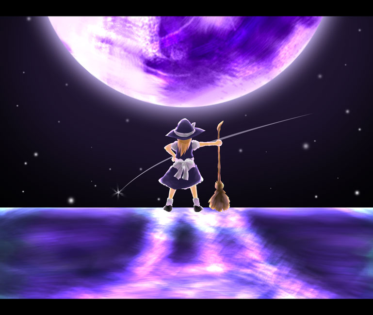 kirisame marisa, touhou, 1girl, back, black hat, black shoes, black skirt, black vest, blonde hair, bow, broom, female focus, from behind, hand on own hip, hat, hat bow, hat ribbon, holding, holding broom, legs apart, letterboxed, long hair, moon, night, night sky, outdoors, outstretched arm, reflection, ribbon, shirt, shoes, shooting star, skirt, sky, socks, solo, standing, star (sky), vest, white bow, white ribbon, white shirt, white socks, witch hat