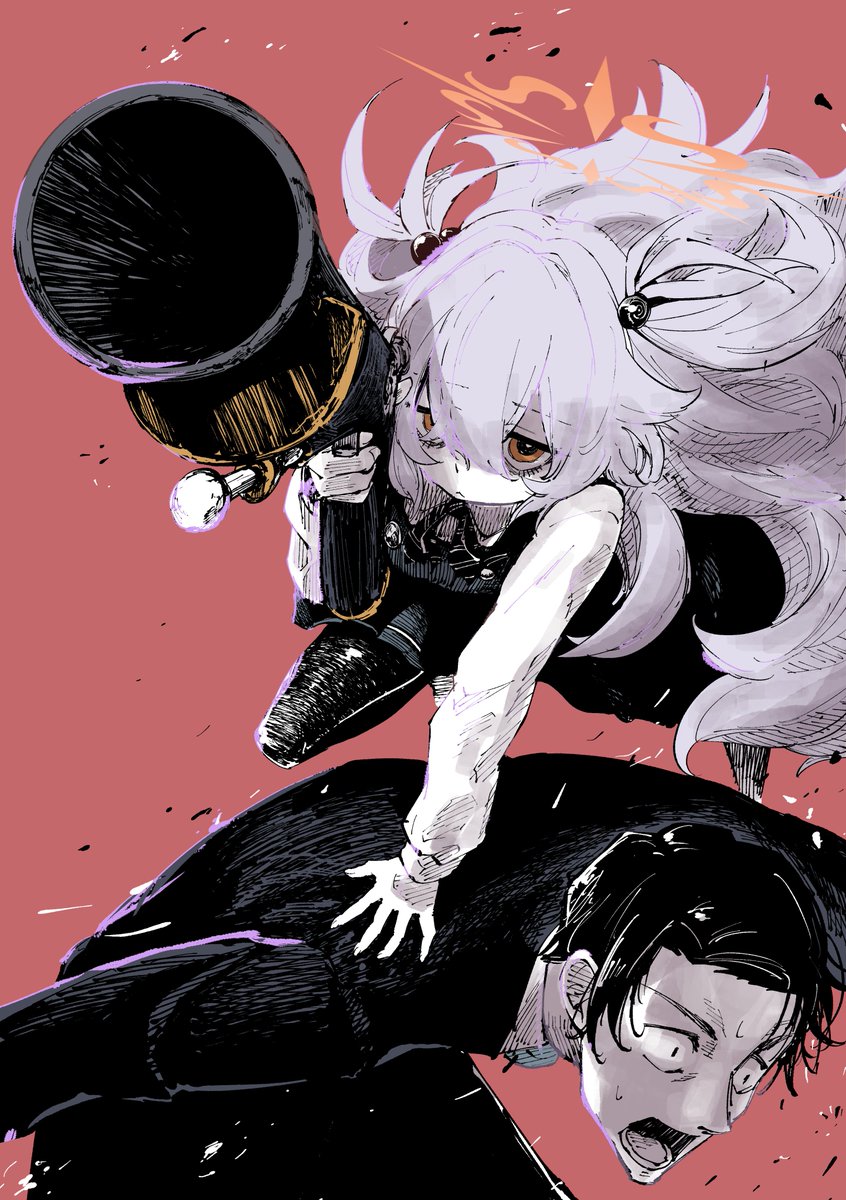 kanoe (blue archive), sensei (blue archive), blue archive, commentary request, highres, 1boy, 1girl, antique firearm, bags under eyes, black hair, black pantyhose, blunderbuss, brown eyes, closed mouth, collared shirt, diagonal-striped ribbon, dress, dynamic pose, firearm, firelock, flintlock, grey hair, gun, hair ornament, halo, hand on another's back, holding, holding gun, holding weapon, long hair, nakamobu, open mouth, orange halo, pantyhose, pinafore dress, red background, shirt, simple background, sleeveless, sleeveless dress, surprised, two side up, very long hair, weapon, white shirt