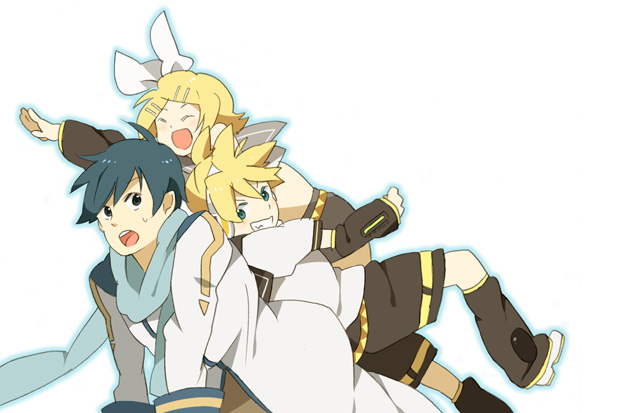 hayato (meromoni), kagamine len, kagamine rin, kaito (vocaloid), vocaloid, 1girl, 2boys, :d, :o, ^ ^, belt, blonde hair, blue eyes, blue hair, brother and sister, closed eyes, coat, detached sleeves, hairband, long sleeves, multiple boys, open mouth, outstretched arm, sailor collar, scarf, school uniform, serafuku, shoes, short hair, shorts, siblings, smile, twins