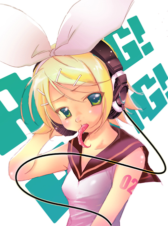 seguchi takahiro, kagamine rin, vocaloid, lowres, cable, eating, headphones, octopus, solo, swept bangs