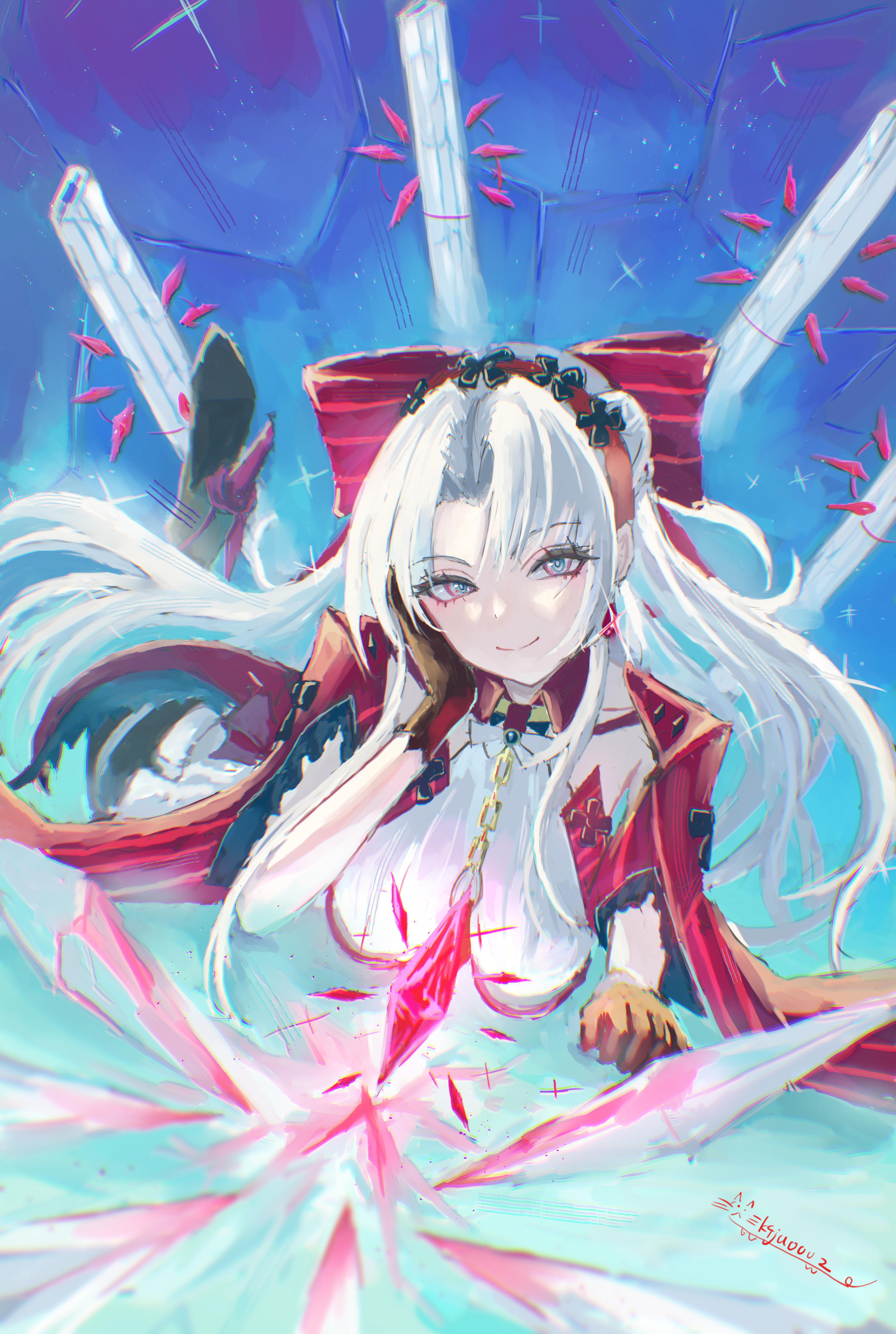 carlotta (wuthering waves), wuthering waves, absurdres, commentary, highres, 1girl, aqua eyes, black gloves, bow, breasts, closed mouth, dress, earrings, gloves, hair bow, hairband, jacket, jewelry, k4ja0002, looking at viewer, medium breasts, parted bangs, pink bow, pink hairband, pink jacket, smile, solo, striped bow, white dress