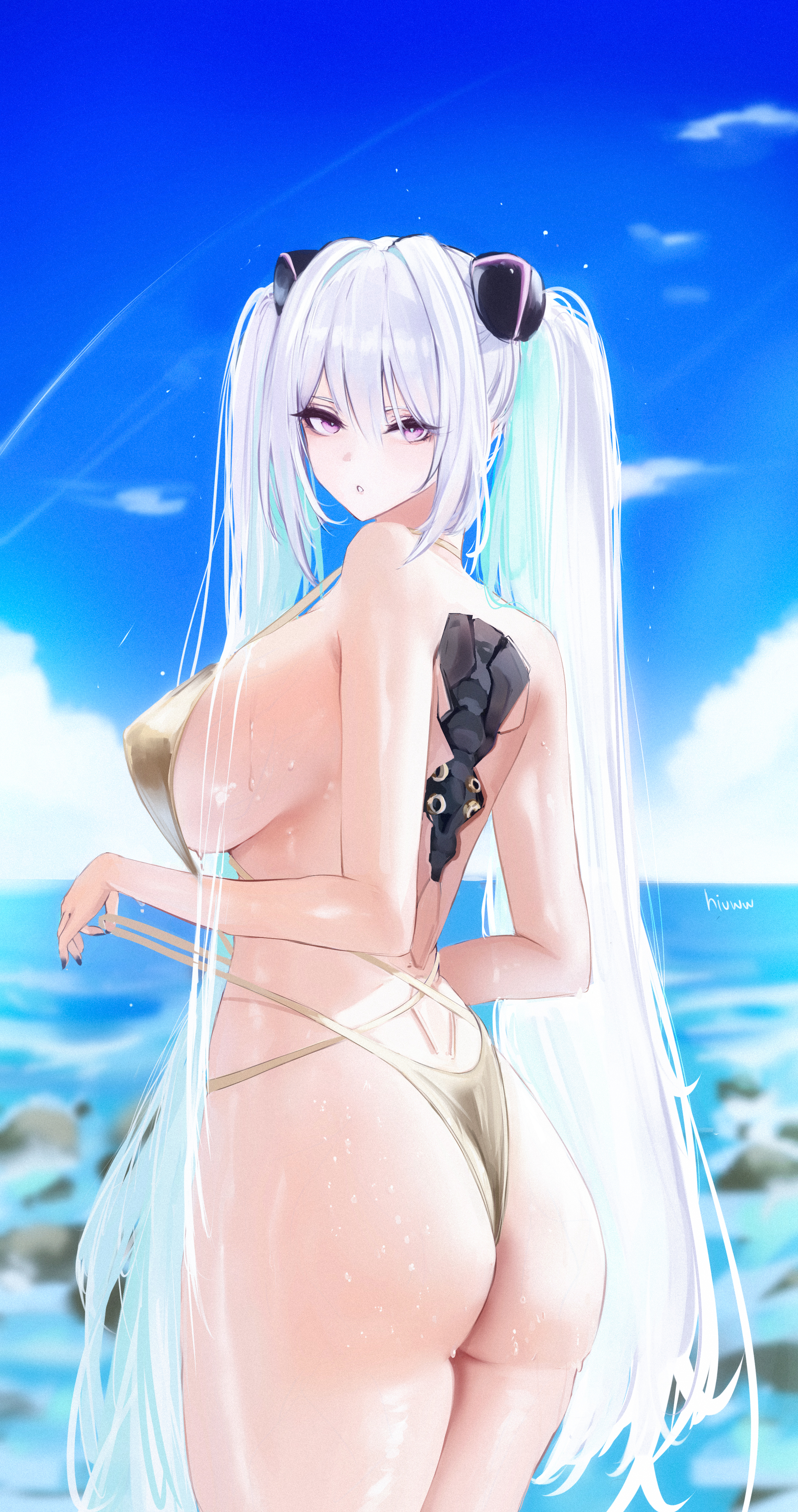 kearsarge (azur lane), azur lane, absurdres, highres, alternate costume, artist name, ass, bikini, blue sky, breasts, cloud, cloudy sky, hair between eyes, hair ornament, hiuww, large breasts, long hair, looking at viewer, mechanical spine, outdoors, purple eyes, sideboob, sidelocks, signature, sky, swimsuit, thighs, twintails, very long hair, wet