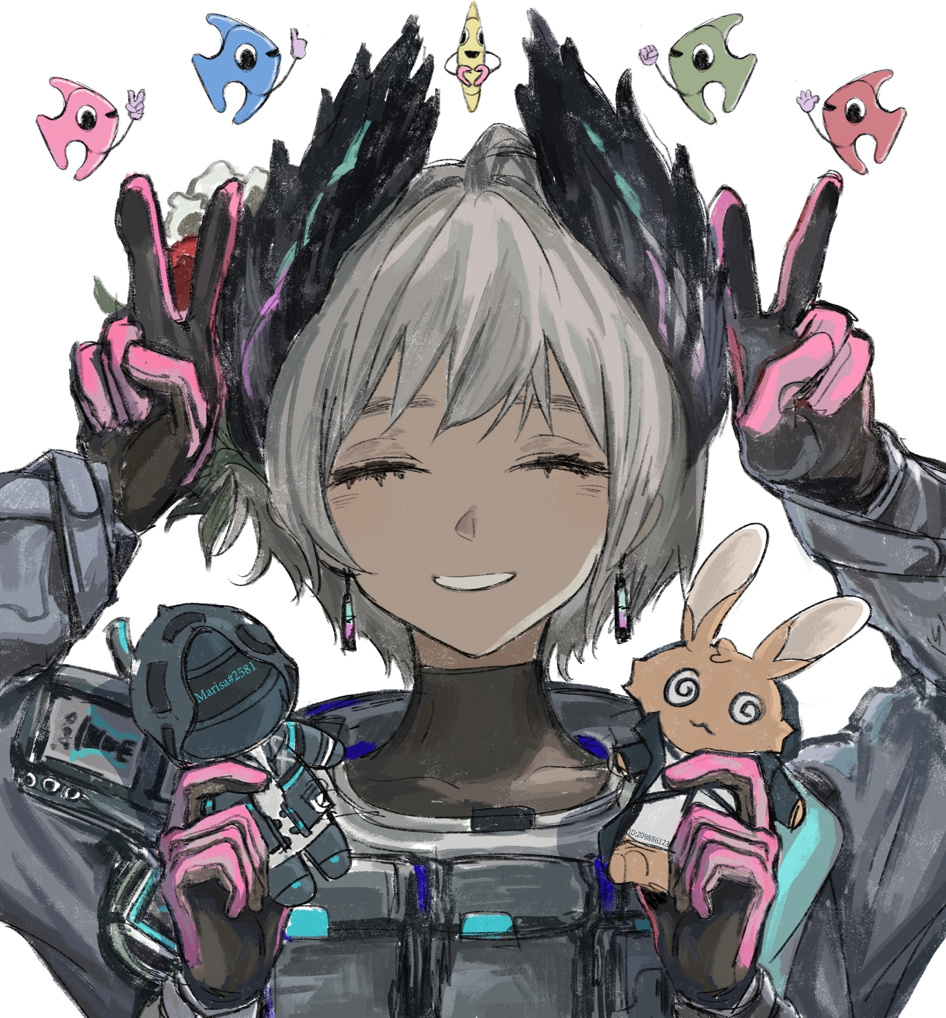 doctor (arknights), raidian (arknights), arknights, chinese commentary, commentary request, highres, 1girl, :d, ^ ^, animal, arms up, black gloves, black jacket, black shirt, character doll, closed eyes, dark-skinned female, dark skin, doll, double v, earrings, extra arms, facing viewer, fish, gloves, grey hair, grin, holding, jacket, jewelry, long sleeves, open mouth, pink gloves, portrait, shirt, short hair, simple background, smile, solo, turtleneck, turtleneck shirt, v, white background, zhijiu808