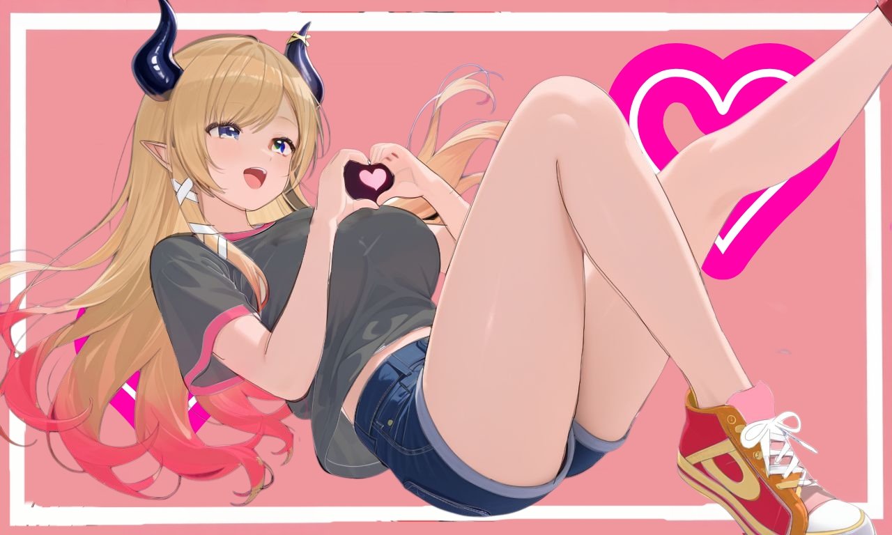 yuzuki choco, hololive, hashtag-only commentary, 1girl, black shirt, blonde hair, blue eyes, blue shorts, breasts, demon girl, demon horns, denim, denim shorts, foot out of frame, gradient hair, heart, heart hands, horns, large breasts, lfa kun, long hair, multicolored hair, open mouth, pink background, pink hair, pointy ears, red shoes, shirt, shoes, shorts, simple background, sketch, solo, thighs, two-tone hair, virtual youtuber