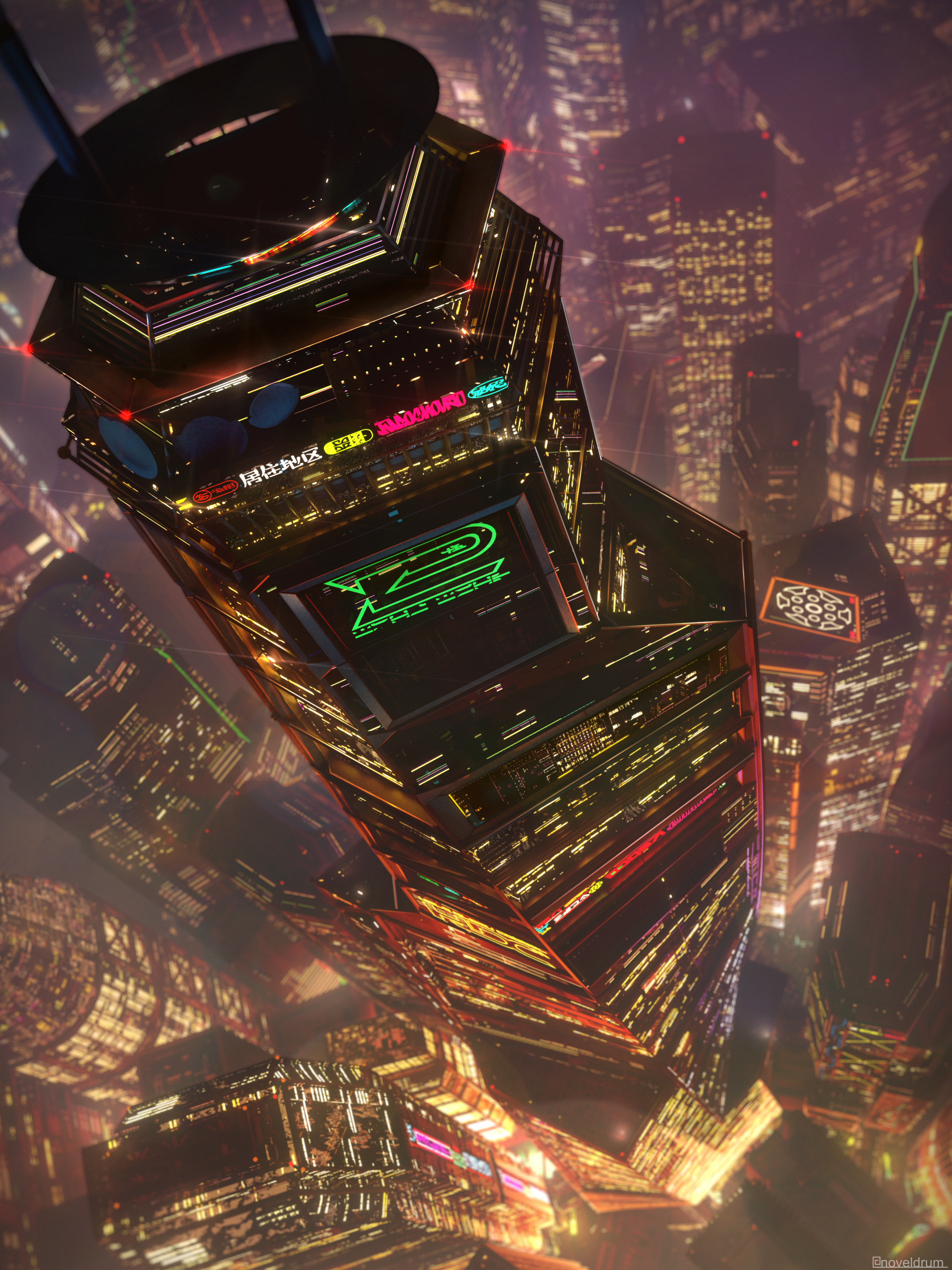 fujitarian, original, absurdres, commentary request, highres, translation request, building, city, city lights, diffraction spikes, from above, night, no humans, scenery, skyscraper