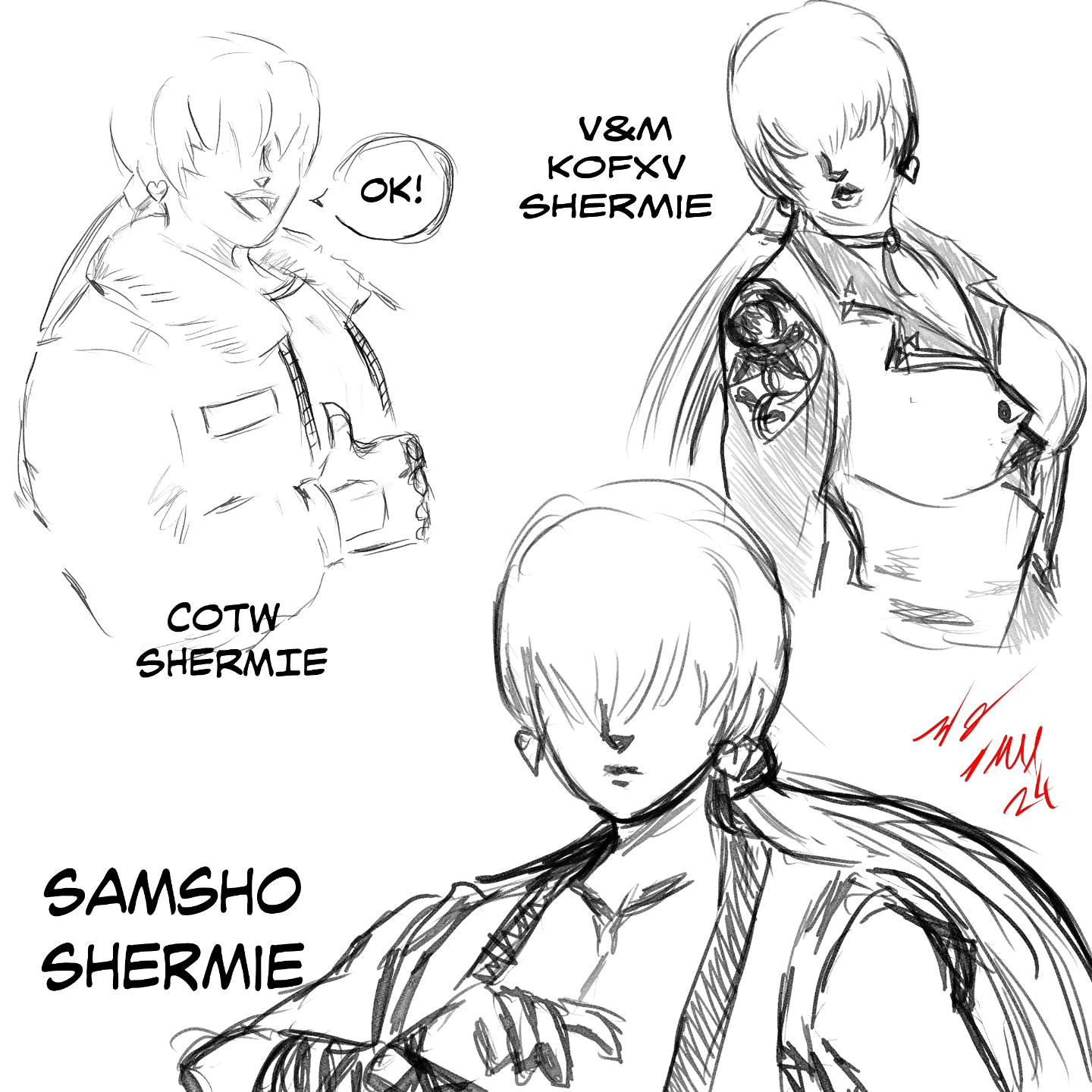 shermie (kof), the king of fighters, 1girl, breasts, cleavage, curvy, earrings, female focus, formal clothes, gloves, heart, huge breasts, jacket, jewelry, large breasts, long hair, ponytail, red hair, suit, taurence bell, thick lips