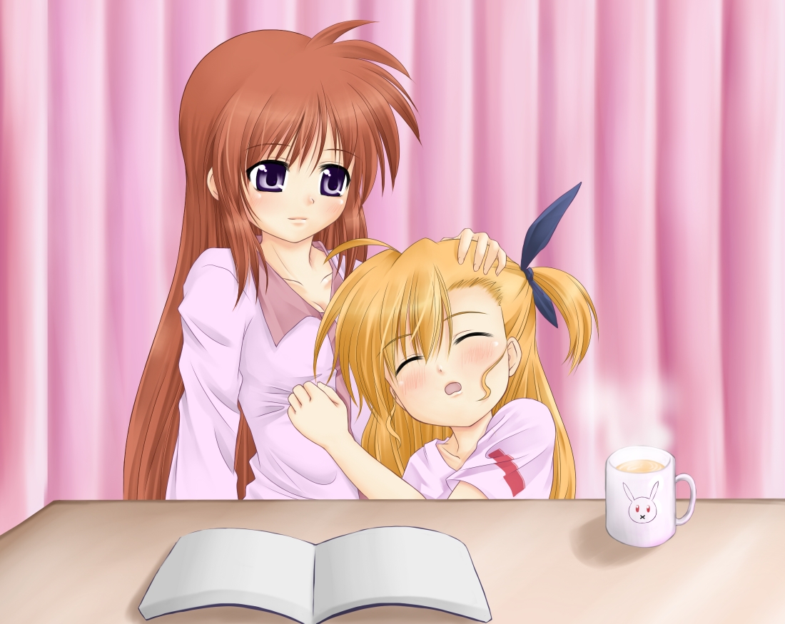 tadokoro teppei, takamachi nanoha, vivio, lyrical nanoha, mahou shoujo lyrical nanoha, mahou shoujo lyrical nanoha strikers, 00s, 2girls, ahoge, blonde hair, blue eyes, blush, book, brown hair, child, closed eyes, cup, hair ribbon, hug, long hair, mug, multiple girls, open mouth, rabbit, ribbon, side ponytail, sleeping, smile, table, very long hair, x mouth