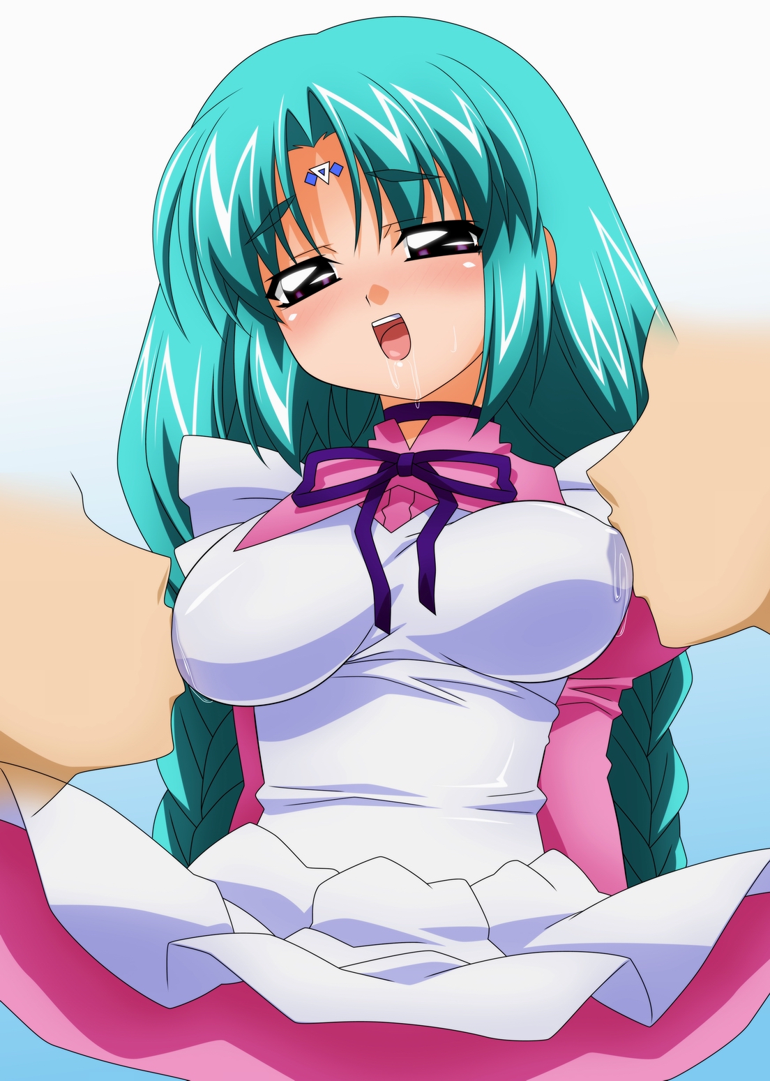 sugimura tomokazu, canal vorfeed, lost universe, highres, non-web source, 1990s (style), 1girl, 2boys, :d, apron, aqua hair, blush, breast sucking, breast sucking through clothes, breasts, double breast sucking, dress, drooling, faceless, faceless male, facial mark, forehead mark, group sex, happy, head tilt, impossible clothes, juliet sleeves, long hair, long sleeves, looking at viewer, medium breasts, mmf threesome, multiple boys, open mouth, parted bangs, pink dress, puffy sleeves, purple eyes, purple ribbon, retro artstyle, ribbon, saliva, smile, solo focus, threesome, unaligned breasts, white apron