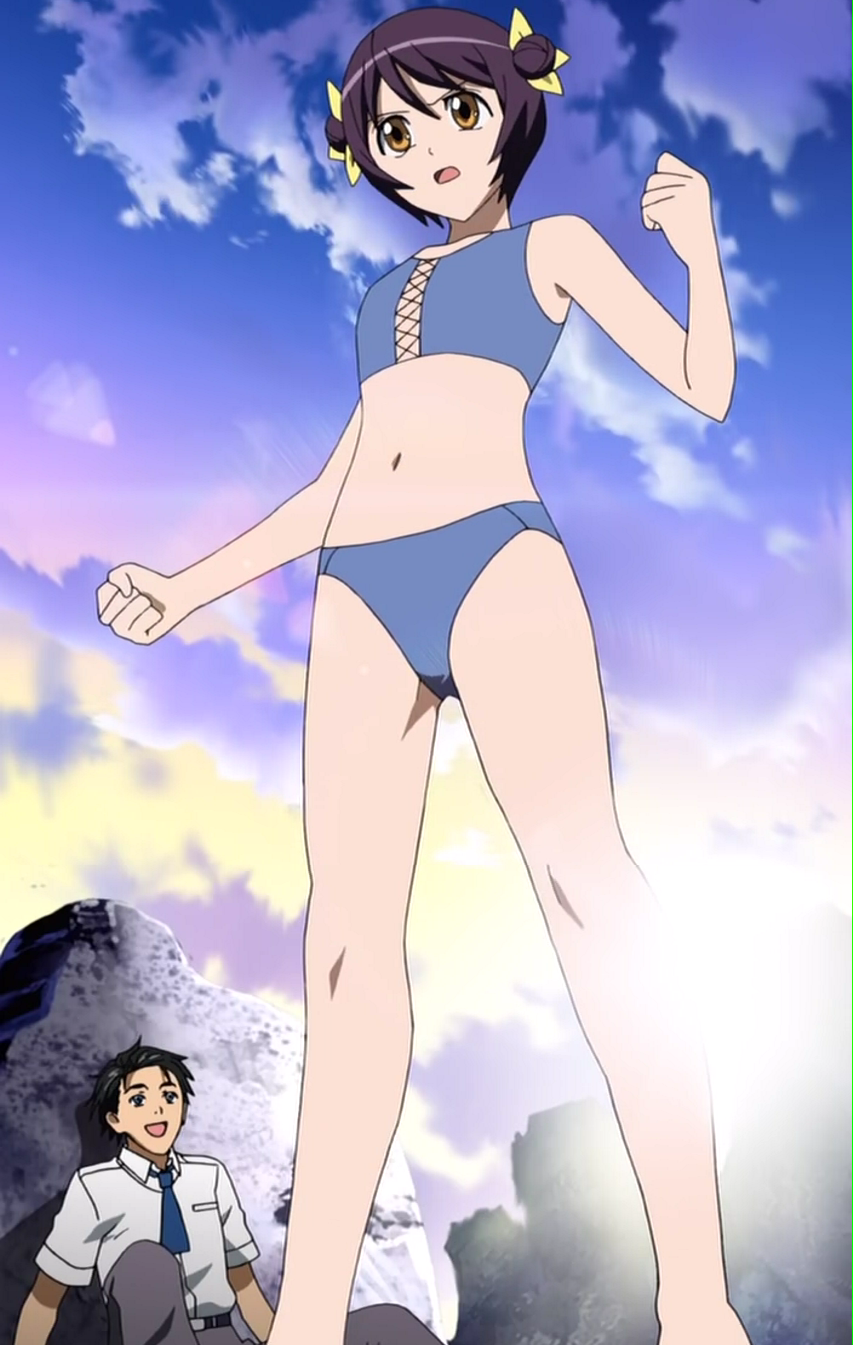 himawari, hinata himawari, hyuuga himawari, marikoji hayato, marikouji hayato, himawari!, anime screenshot, highres, stitched, third-party edit, 00s, 1boy, 1girl, belt, bikini, black eyes, black hair, clenched hand, clenched hands, cloud, double bun, fishnets, flat chest, hair bun, hair ribbon, legs, navel, necktie, ninja, open mouth, orange eyes, purple hair, ribbon, school uniform, serafuku, short hair, sky, square-end necktie, sun, swimsuit, tankini
