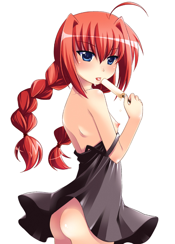 mai (artist), mai (maittingu), vita (nanoha), lyrical nanoha, mahou shoujo lyrical nanoha, mahou shoujo lyrical nanoha a's, 00s, 1girl, ass, female focus, food, from behind, loli, looking back, popsicle, solo, standing