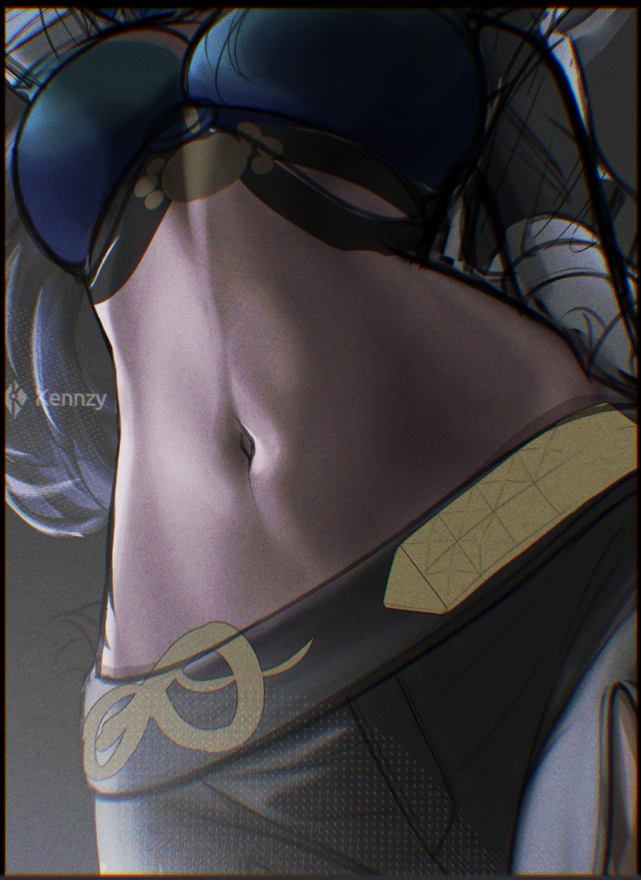 kenn artz, galbrena (wuthering waves), wuthering waves, commentary, english commentary, highres, unfinished, 1girl, arm behind back, artist name, black pants, blue bra, bra, breasts, chromatic aberration, medium breasts, pants, solo, stomach focus, underwear