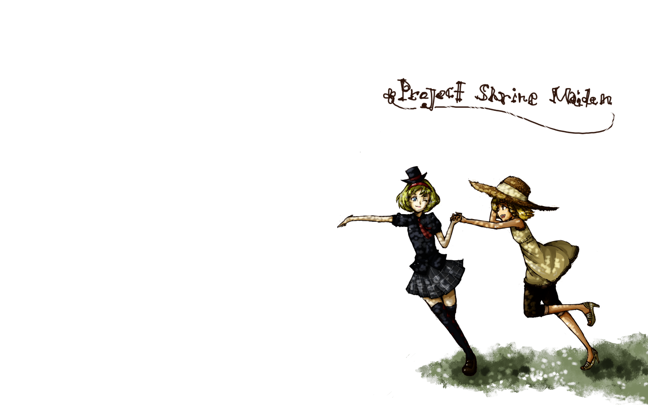 alice margatroid, kirisame marisa, touhou, 2girls, alternate costume, black shirt, blonde hair, casual, female focus, hat, high heels, holding hands, miniskirt, multiple girls, necktie, one eye closed, pleated skirt, running, shirt, short sleeves, skirt, straw hat, thighhighs, top hat, zettai ryouiki