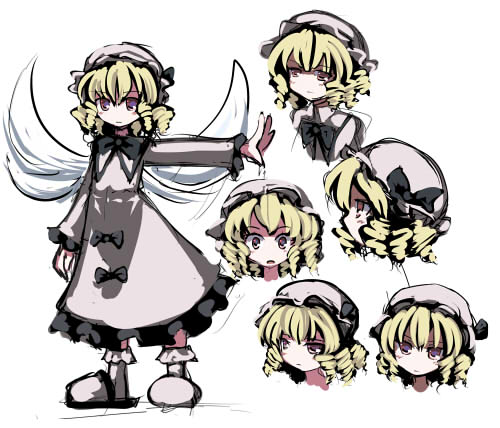 gatau, luna child, eastern and little nature deity, touhou, lowres, 1girl, blonde hair, blush, dress, drill hair, female focus, hat, reference sheet, short hair, wings