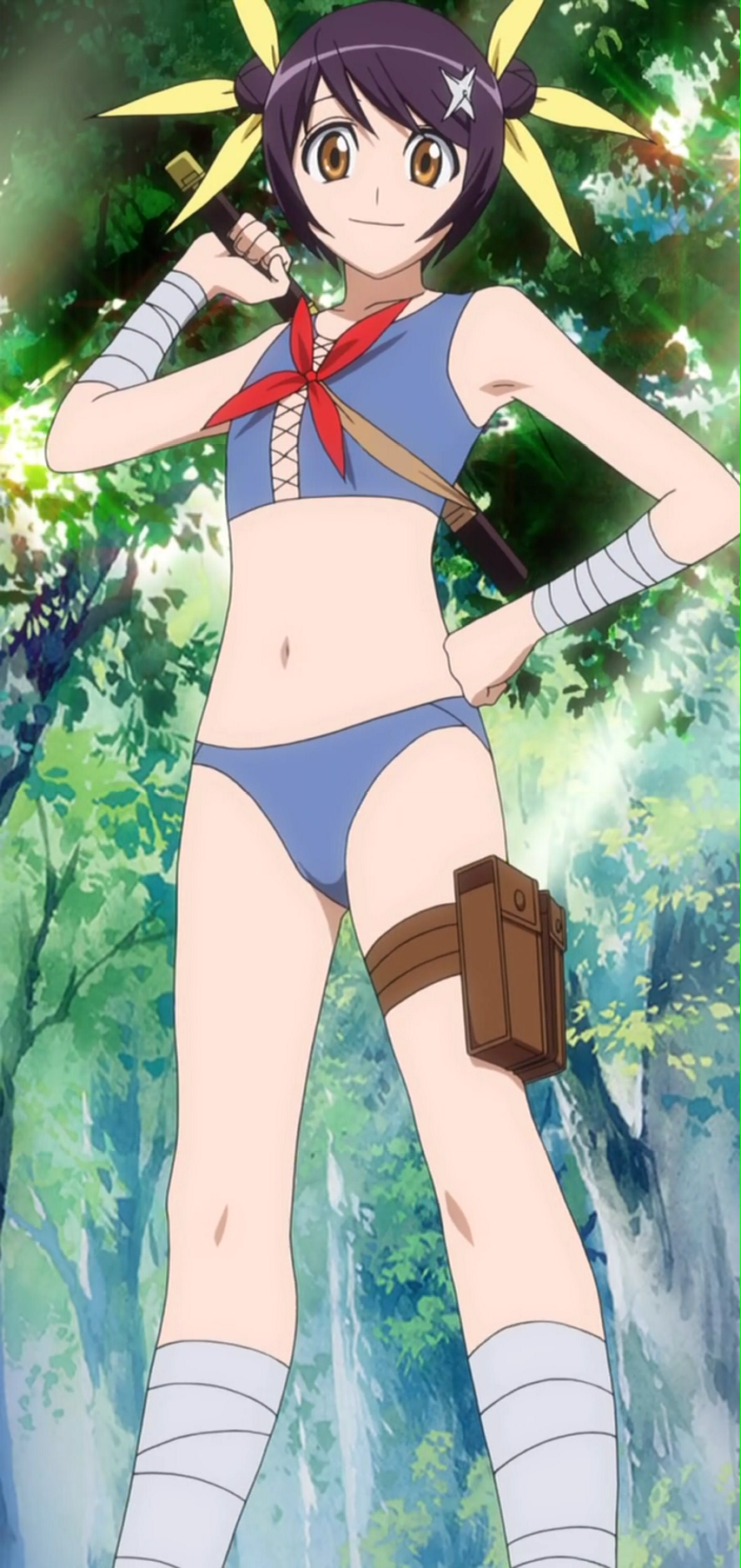 himawari, hinata himawari, hyuuga himawari, himawari!, anime screenshot, highres, stitched, third-party edit, 00s, 1girl, armpits, bandages, bikini, double bun, female focus, fishnets, flat chest, hair bun, hair ribbon, hand on own hip, hip focus, nature, navel, ninja, orange eyes, outdoors, purple hair, ribbon, sheath, short hair, shuriken, smile, solo, swimsuit, tankini, thigh strap, weapon