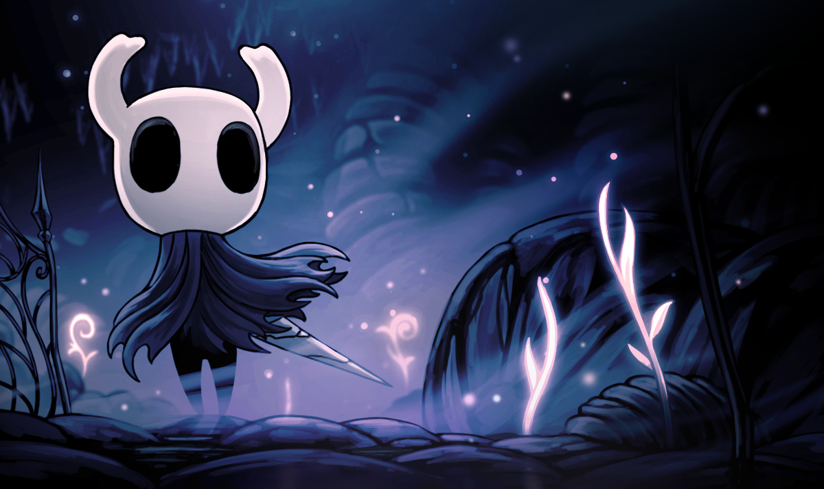 knight (hollow knight), hollow knight, official art, promotional art, 1other, ari gibson, bioluminescence, bug, cave interior, cloak, cobblestone, damaged, fence, floating cape, glowing, grey cloak, holding, holding weapon, hollow eyes, horned mask, iron fence, light particles, mask, nail (hollow knight), old nail (hollow knight), shell, solid oval eyes, solo, stalactite, standing, weapon, white mask