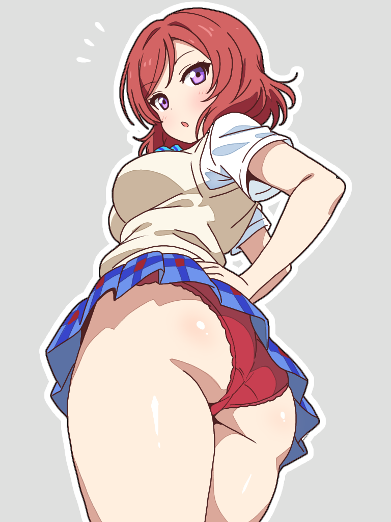 mukiryoku bato, nishikino maki, love live!, love live! school idol project, commentary request, 1girl, :o, ass, ass focus, blue skirt, breasts, cardigan vest, from below, grey background, hands on own hips, medium breasts, medium hair, miniskirt, notice lines, otonokizaka school uniform, panties, plaid clothes, plaid skirt, purple eyes, red hair, red panties, school uniform, shirt, simple background, skirt, solo, thighs, twisted torso, underwear, white shirt