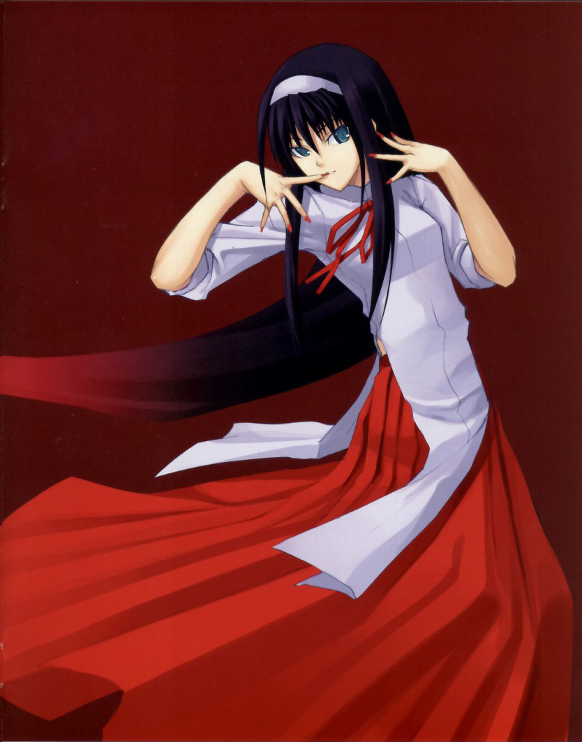 shingo (missing link), tohno akiha, tsukihime, 00s, 1girl, black hair, blue eyes, female focus, hairband, long hair, multicolored hair, nail polish, red nails, solo