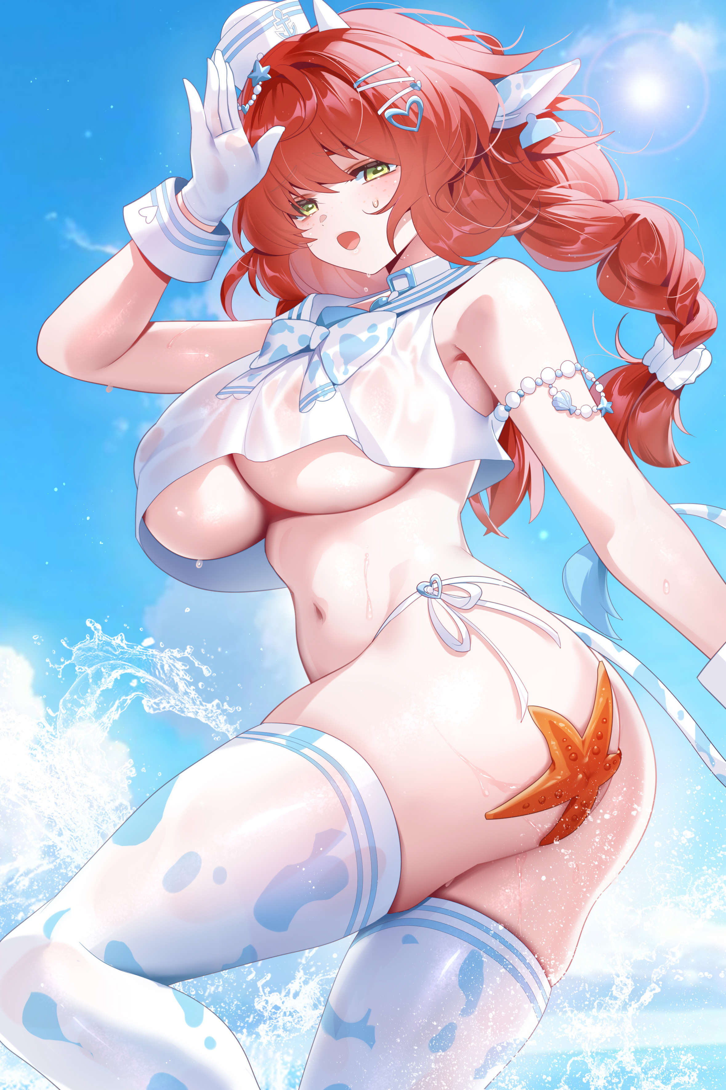 rourou (been), original, absurdres, commentary, highres, symbol-only commentary, 1girl, arm strap, arm up, bare shoulders, bikini, blush, braid, breasts, from side, gloves, green eyes, hair ornament, hairclip, heart, heart hair ornament, large breasts, long hair, looking at viewer, looking to the side, navel, open mouth, outdoors, red hair, side-tie bikini bottom, solo, starfish, stomach, swimsuit, thighhighs, thighs, twin braids, water, white bikini, white gloves, white thighhighs