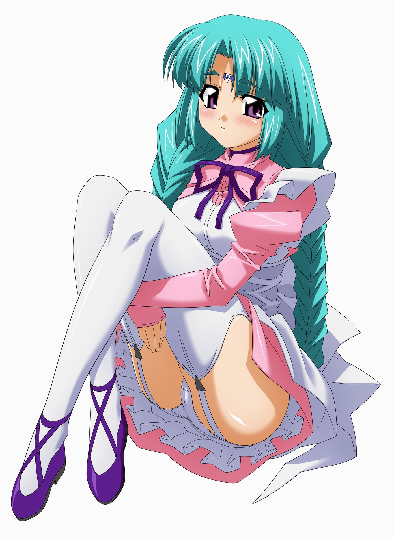 sugimura tomokazu, canal vorfeed, lost universe, highres, 1990s (style), blush, braid, garter belt, green hair, maid, panties, pantyshot, purple eyes, retro artstyle, solo, thighhighs, twintails, underwear, upskirt, white thighhighs