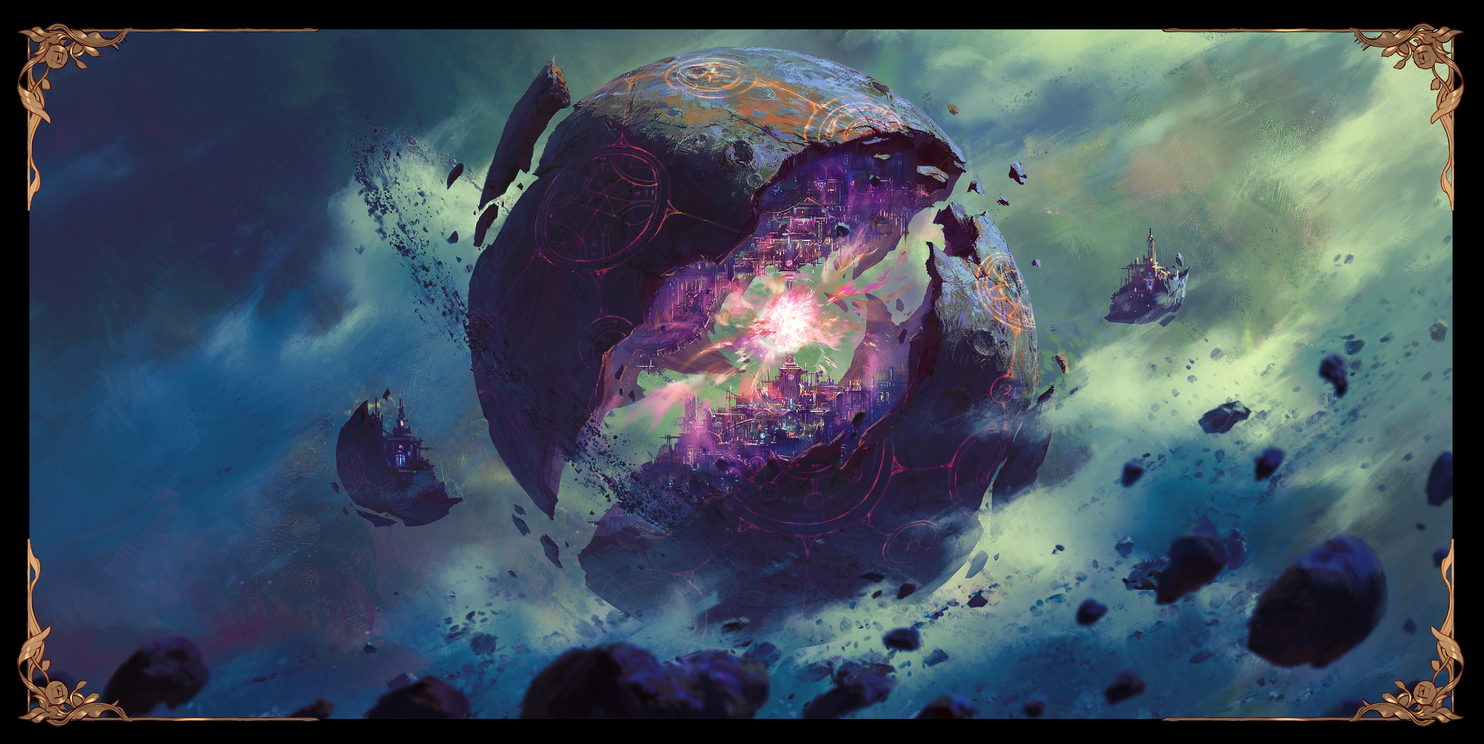original, absurdres, commentary, english commentary, highres, asteroid, black border, border, city, gilsun wei, no humans, ornate border, planet, scenery, science fiction, space
