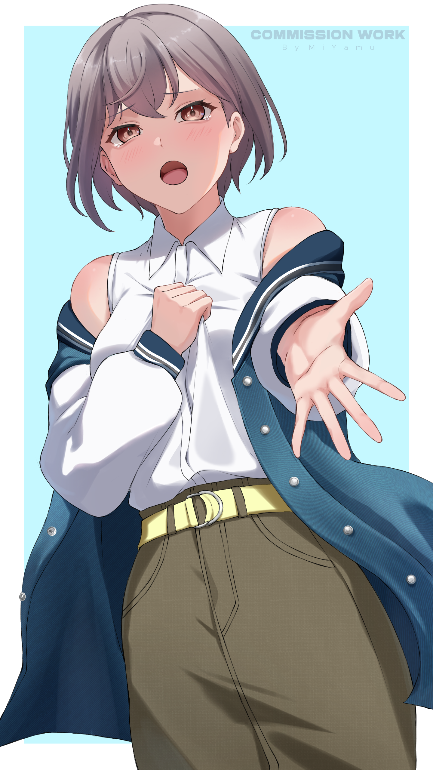 miyamu, takamatsu tomori, bang dream!, bang dream! it's mygo!!!!!, absurdres, commentary, commission, english commentary, highres, vgen commission, 1girl, belt, blush, breasts, brown eyes, brown skirt, grey hair, looking at viewer, medium breasts, offering hand, open mouth, shirt, short hair, skirt, sleeveless, sleeveless shirt, solo, white shirt, yellow belt